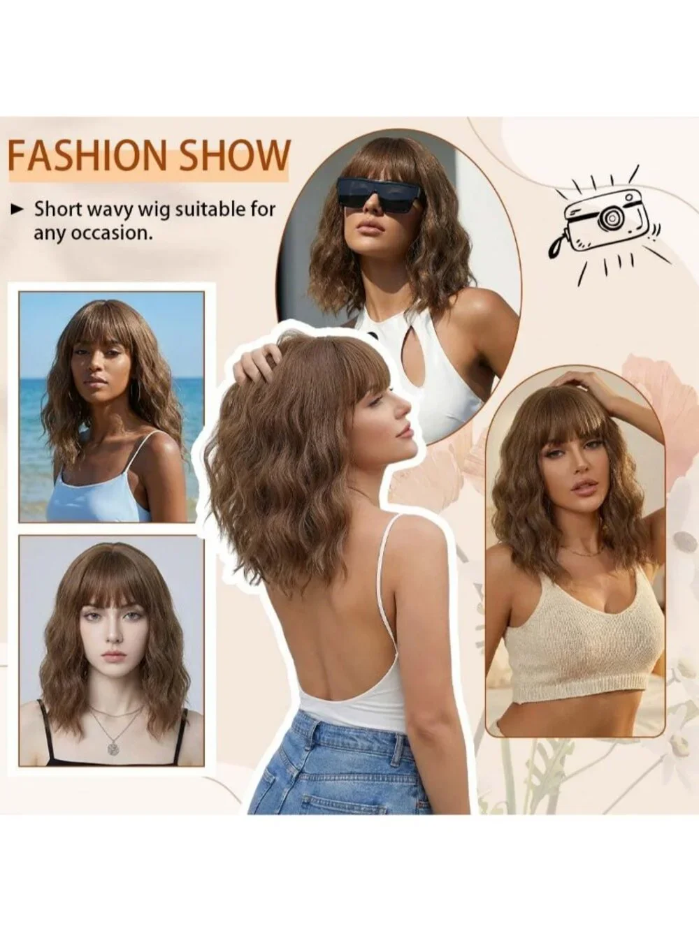 Women's Brown 14 Inch Short Shoulder Length Synthetic Bangs Wavy Bob Wig